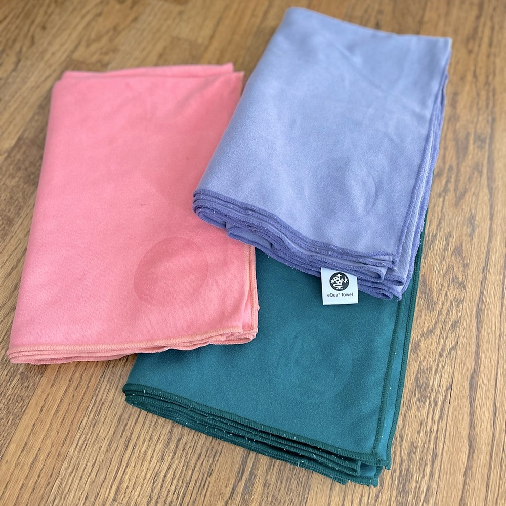 Manduka Yoga Towels in Pink, Purple, and Green